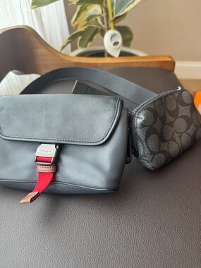 Coach Black Leather Belt Bag with Signature Canvas Pouch and Red Accent
